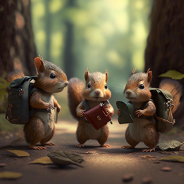 squirrels with backpacks going to preschool